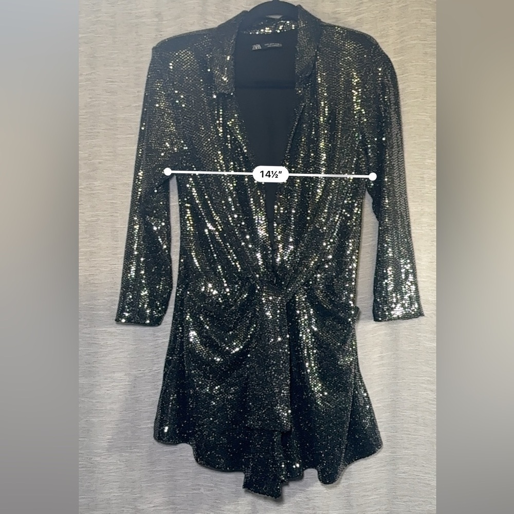 Zara Black Button Front Sequin Detail Lined Romper Holiday New Years Eve Size M - Picture 7 of 8